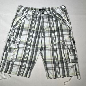 Fried Denim Mens Plaid Cargo Shorts Grey Green White Size 34 Cotton Drawstring